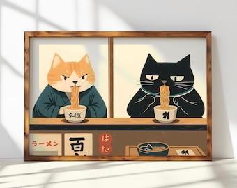 Retro Japanese Cat Ramen Print Poster: Quirky Kitchen Wall Art Digital Download