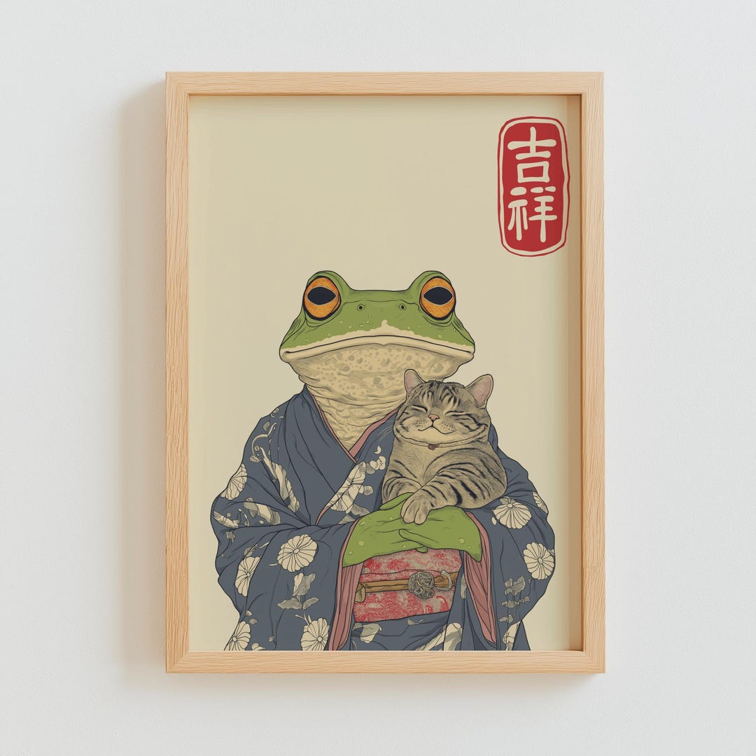 Matsumoto Hoji Art Print: Frog and Cat Japanese Poster (digital ...
