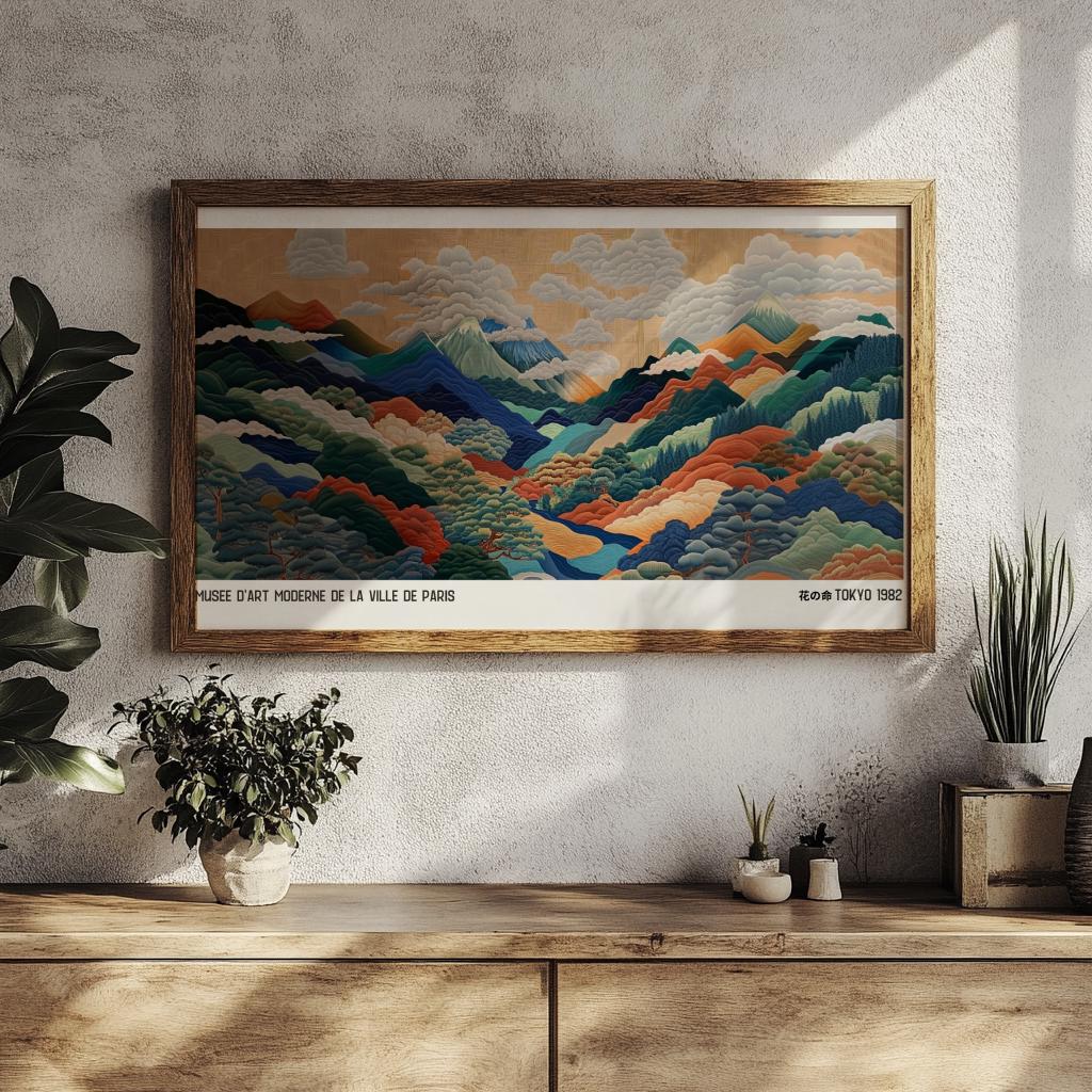 Japanese Mountainscape Art Print Poster: Abstract Polka Dot Landscape ...