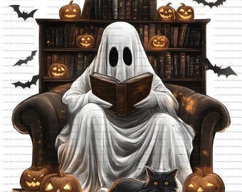 Ghost Reading Book Png, Book Lover for png Halloween, Teacher Halloween Png, Ghost Books Halloween Png, Black Cat Book Png Halloween Library