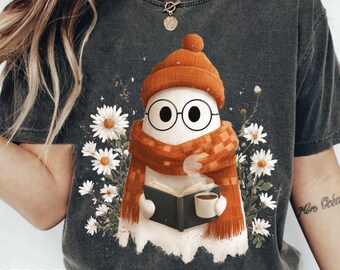Cute Ghost Halloween Sublimation PNG Fall Book Lover Design Coffee and Reading Shirt Print Spooky Season Digital Download Commercial Use