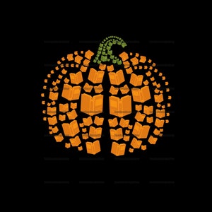 May include: An orange pumpkin made of books with a green stem. The books are arranged in a circular pattern to form the shape of a pumpkin.