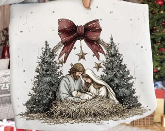 Vintage Nativity Scene PNG Preppy Painted Christian Png Glitter Faith Christmas Png Greatest Gift of all PNG Nativity Coquette