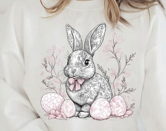 Happy Easter PNG, Grand Millennial Easter Png, Blue Floral Chinoiserie Bunny Png, Pink Toile Easter Rabbit Png, Girls, Easter Coquette Png