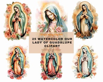 25 illustrations aquarelle de Notre-Dame de Guadalupe (fichiers PNG), images de la Vierge Marie, Nuestra Señora de Guadalupe, graphismes catholiques à imprimer
