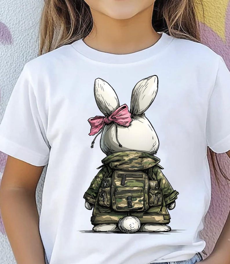 Puede incluir: Camiseta blanca con una ilustraci&oacute;n de conejo de dibujos animados. El conejo lleva una chaqueta y mochila de camuflaje, y un lazo rosa. El dise&ntilde;o es un gr&aacute;fico caprichoso y juguet&oacute;n, adecuado para ni&ntilde;os.