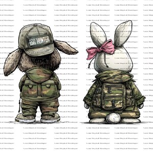 Puede incluir: Dos conejos de dibujos animados con trajes de camuflaje. El conejo marr&oacute;n lleva una gorra con "EGG HUNTER". El conejo blanco tiene un lazo rosa. Ambos tienen mochilas, listos para una b&uacute;squeda de huevos de Pascua.