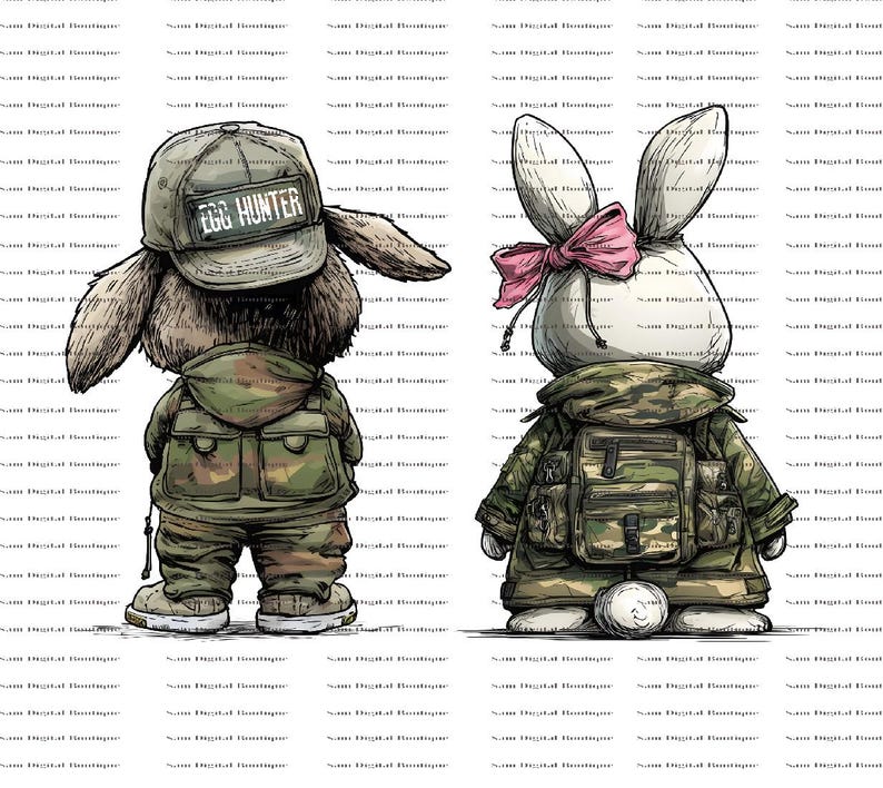 Puede incluir: Dos conejos de dibujos animados con trajes de camuflaje. El conejo marr&oacute;n lleva una gorra con "EGG HUNTER". El conejo blanco tiene un lazo rosa. Ambos tienen mochilas, listos para una b&uacute;squeda de huevos de Pascua.