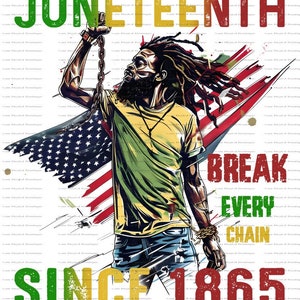 May include: A digital illustration of a man breaking free from chains. He is standing in front of an American flag with the words "Juneteenth Break Every Chain Since 1865" in green, yellow, and red.