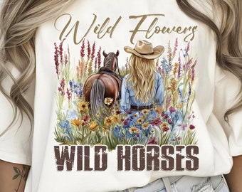 Fiori selvatici, cavalli selvatici PNG, Cowgirl western PNG, Disegni western PNG, Fiori selvatici western PNG, Western alla moda PNG, Campagna PNG