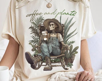 Coffee and Plants Png, Crazy Plant Lady png, Plant Lover Gift, Plant Lady png, Plant Lover png, Skeleton Drinking Coffee Plant Lady Png