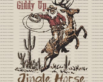 Pode incluir: Uma ilustração caprichosa apresenta o Papai Noel com um chapéu de cowboy, montando uma rena e segurando um laço. Os textos "Giddy Up" e "Jingle Horse" são exibidos em uma fonte rústica, com cactos ao fundo. A paleta de cores inclui tons de marrom, vermelho e bege.
