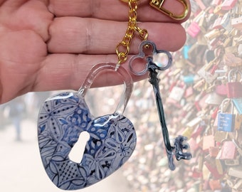 Resin keyring keychain Italian style love lock and key. Handmade clip on bag charm, bag bling pendant keyring for women - blue and white