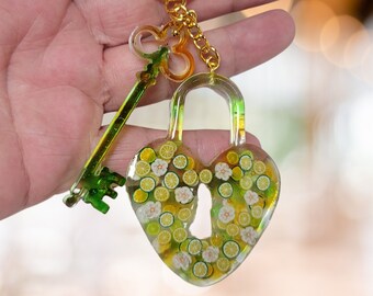 Resin keyring keychain Italian style love lock and key. Handmade clip on bag charm, bag bling pendant keyring for women - floral citrus