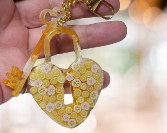 Resin keyring keychain Italian style love lock and key. Handmade clip on bag charm, bag bling pendant keyring for women for Mother's Day