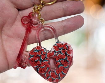 Resin keyring keychain Italian style love lock and key. Handmade clip on bag charm, bag bling pendant keyring for women for Mother's Day