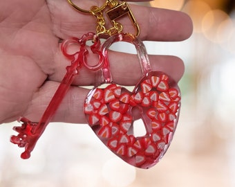 Resin keyring keychain Italian style love lock and key. Handmade clip on bag charm, bag bling pendant keyring for women for Mother's Day