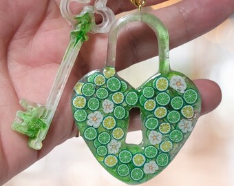 Resin keyring keychain Italian style love lock and key. Handmade clip on bag charm, bag bling pendant keyring for women for Mother's Day