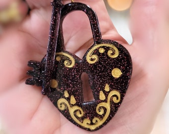 Resin keyring keychain Italian style love lock and key. Handmade handbag purse charm bag bling pendant keyring for women - plum and gold