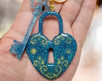 Resin keyring keychain Italian style love lock and key. Handmade clip on bag charm, bag bling pendant keyring for women - blue and gold