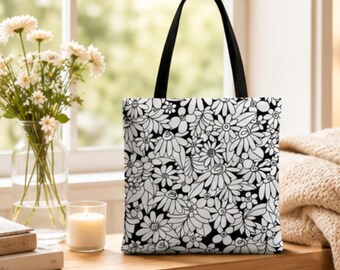 Black & White Floral Canvas Tote Bag | Reusable Eco-Friendly Shoulder Shopping Grocery Everyday Carry