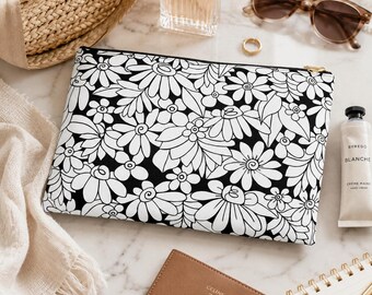 Black White Daisy Floral Zipper Pouch | Boho Accessory Bag for Travel, Makeup & Everyday Organizer