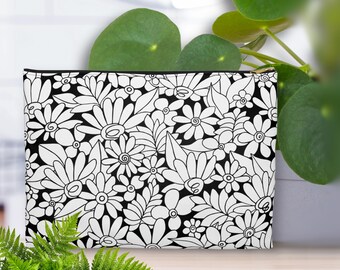 Black White Daisy Floral Zipper Pouch | Boho Accessory Bag for Travel, Makeup & Everyday Organizer