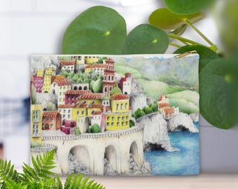 Coastal Mediterranean Village Illustration Accessory Pouch | Amalfi Italy Seaside Travel Zipper Bag