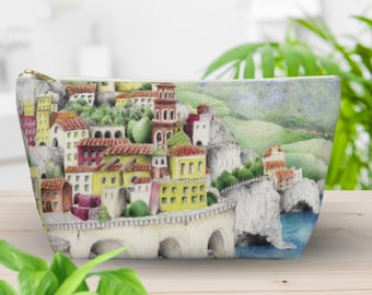 Italian Valley Cosmetic Bag | Amalfi Road Artwork Travel Pouch, Gifts Makeup Organizer