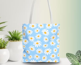 Daisy Floral Tote Bag: Blue Spring Market Beach Bag