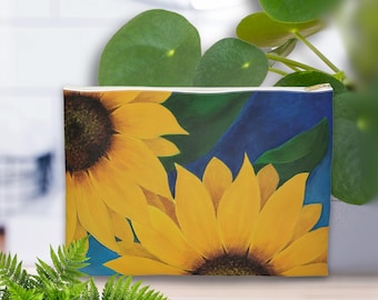 Sunflower Illustration Zipper Pouch | Floral Cosmetic Bag, Boho Garden Art