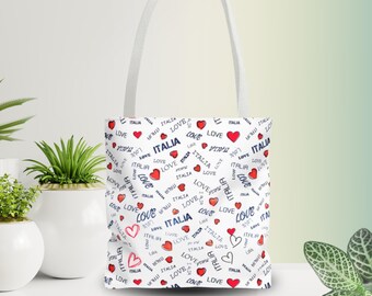Italia Love Pattern Tote Bag | Hearts, Flags & Handwritten Script Italy Travel Gift