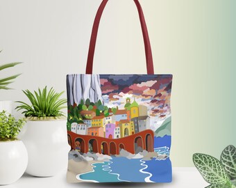 Colorful Amalfi Coast Italy Tote Bag | Seaside Cliff Village Landscape Mediterranean Beach Travel Gift