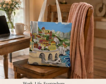 Colorful Mediterranean Village Tote Bag | Amalfi Coast Italy Coastal Town Illustration Beach Travel Gift
