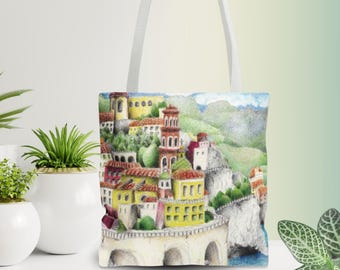 Amalfi Coast Tote Bag | Italian Theme Reusable Shopping Bag with Original Artwork