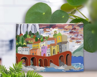 Colorful Coastal Village Accessory Pouch | Seaside Amalfi Italy Illustration Zipper Clutch Bag