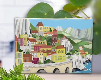 Colorful Mediterranean Coastal Village Zipper Pouch | Seaside Town Illustration Travel Accessory Bag