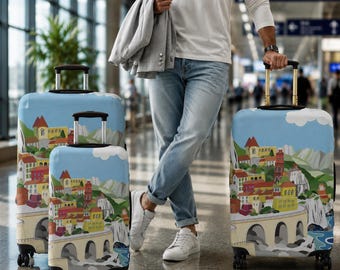 Mediterranean Coastal Village Luggage Cover | Stretch Suitcase Protector | European Travel Gift Accessory