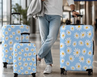 White Daisy Floral Luggage Cover | Blue Suitcase Protector for Women Travelers