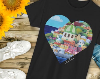 Fun T-shirt with Italian theme for Italy vacation shirt for men or women, funny tee, classic casual fit day or night tshirt wear - Positano