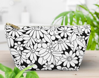 Black White Daisy Floral Pouch | Hand-Drawn Art Cosmetic Travel Bag