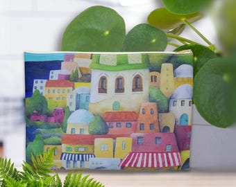 Colorful Mediterranean Village Zip Pouch | Positano Italy Cosmetic Bag Boho Travel Gift for Her