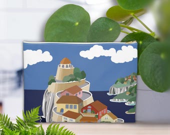 Coastal Cliff Village Zipper Pouch | Mediterranean Seaside Town Illustration Cinque Terre Italy Travel Gift