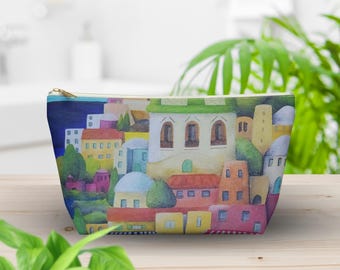 Colorful Mediterranean Village Zipper Pouch | Whimsical Cityscape Makeup Cosmetic Travel Bag Gift for Her