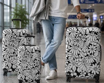 Black White Floral Doodle Luggage Cover | Daisy Pattern Suitcase Protector Travel Accessory