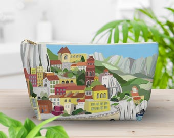 Amalfi Coast Italy Village Illustration Zipper Pouch | Mediterranean Travel Accessory Bag Gift for Her