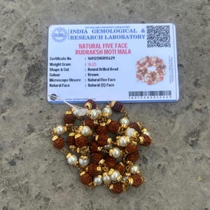 Puede incluir: Un mala Rudraksha marrón de cinco caras, enhebrado con cuentas blancas y detalles dorados. El mala pesa 18,25 gramos y está certificado por el Laboratorio de Investigación y Gemología de la India. El número de certificado es 160125HGR15629.