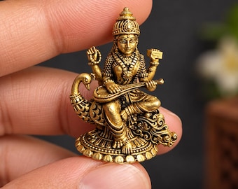 Mini Saraswati Statue, Goddess of Knowledge Idol for Study Desk (1.25 Inches)
