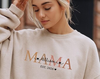 Felpa con cappuccio personalizzata per la mamma con nome e anno, maglietta regalo per la mamma, annuncio di futura mamma, festa della mamma, maglione per la mamma