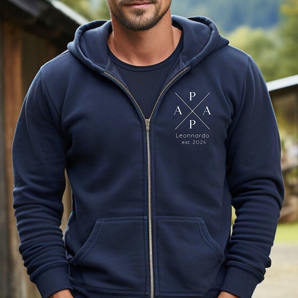 Papa Strickjacke personalisiert mit Name und Jahreszahl, Vater Zip Hoodie Reißverschluss Geschenk werdender Papa, Vatertag, Papa Sweatshirt